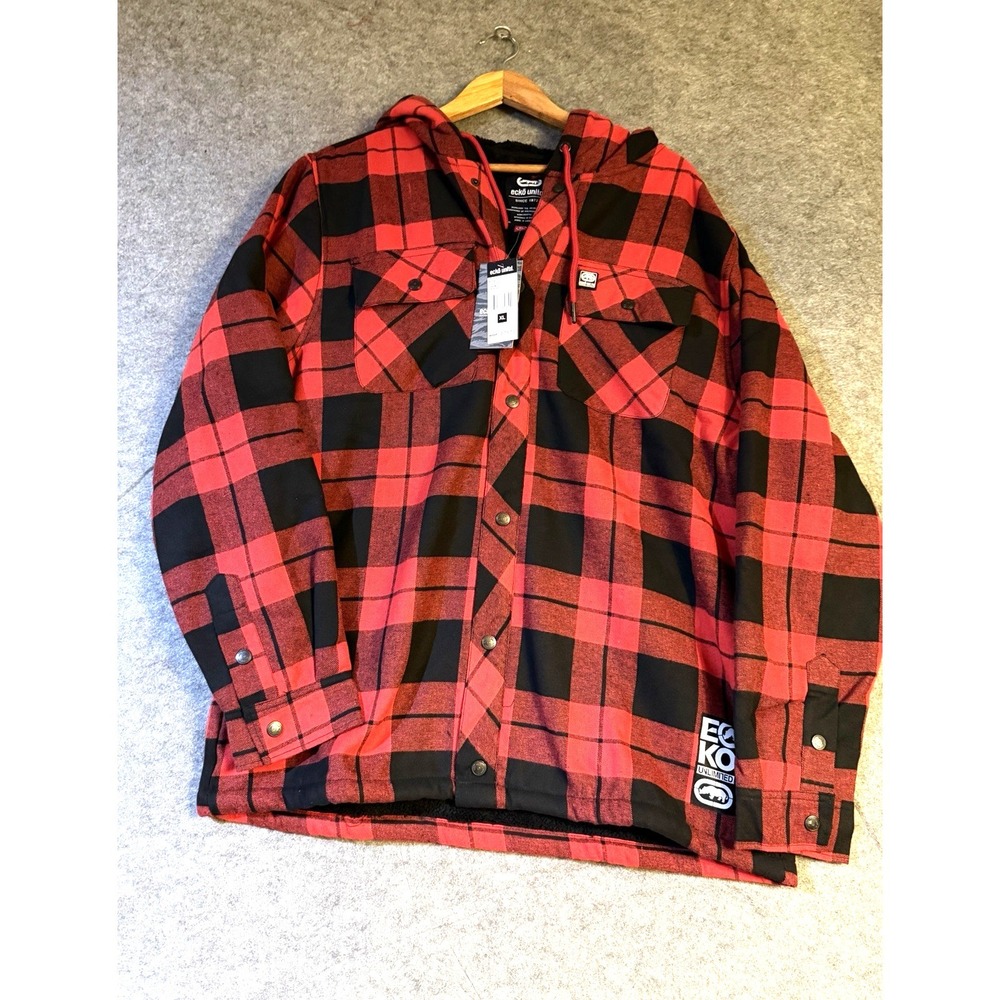 Ecko Unltd Mens Red Black Buffalo Plaid Hooded Flannel Jacket Faux Fur Lined XL